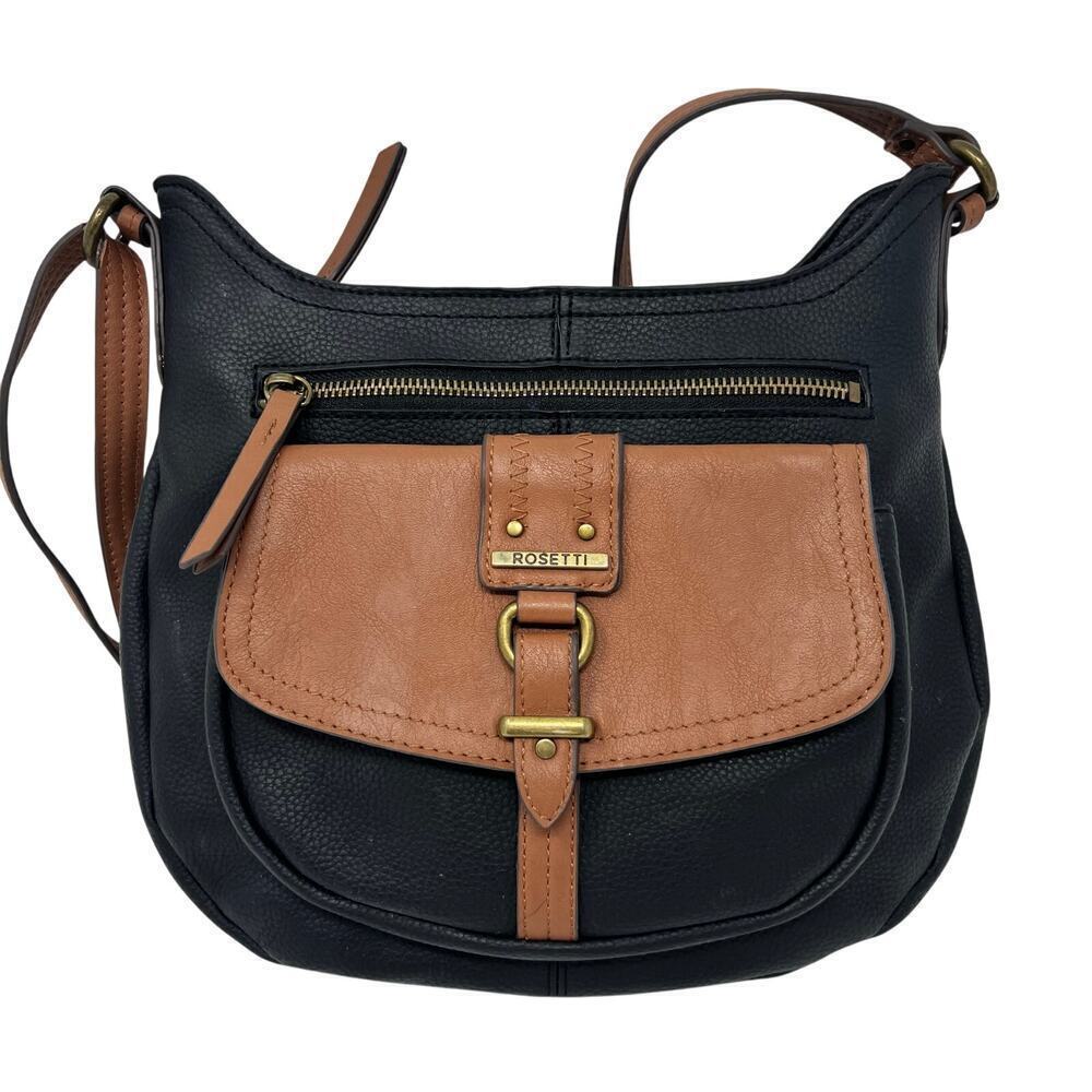Rosetti Shoulder Bag Black and Brown Faux Leather VGUC Saddle Bag Buckle
